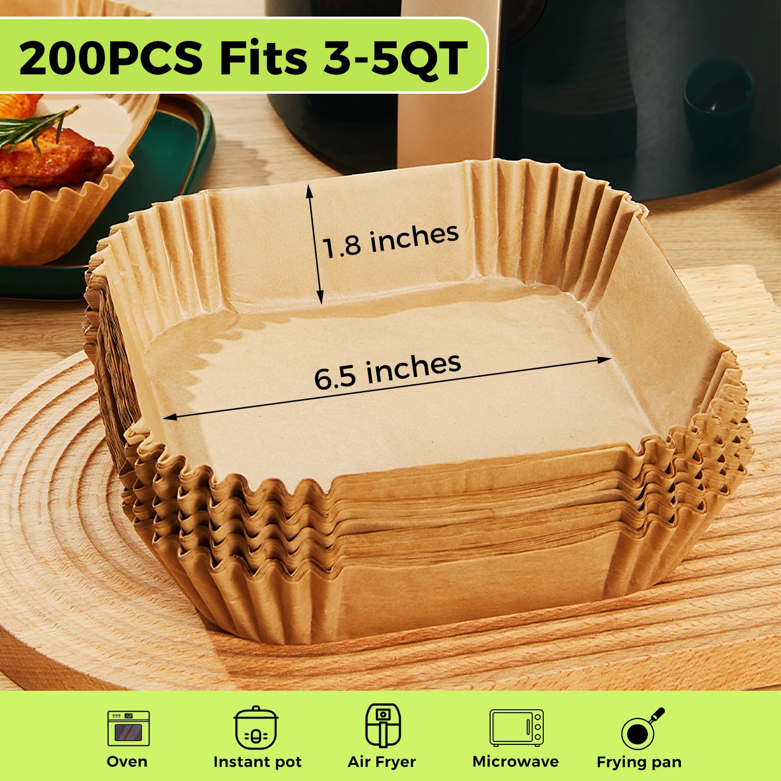 Ctizne Air Fryer Liners Disposable, 200Pcs 6.5 Inch Square Parchment Paper Liner For Air Fryer, Grease And Waterproof Baking Lin